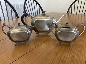 3 Pc Vintage Art Deco Tea Set Silver Plated