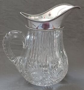Heavy Brilliant Cut Glass Water Pitcher With Wilcox Sterling Silver Rim Spout