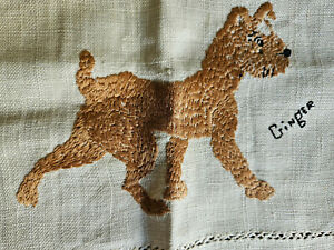100 Year Old Linentable Runner With Embroidered Terriers Named Ginger