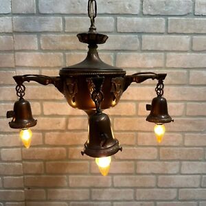 Antique Bronze Copper Hanging Light Fixture Electric 4 Bulb Arts Crafts Drap