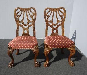Pair French Louis Xvi Style Ornately Carved Side Chairs Claw Feet Gold Bees
