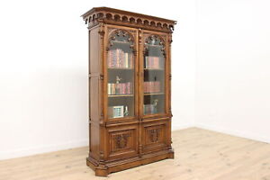 French Gothic Carved Walnut Antique Office Or Library Bookcase 40246
