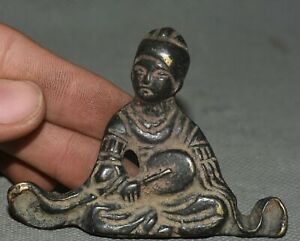 7 5cm Old China Tibetan Copper Dynasty Palace People Hand Held Fan Statue