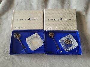 2 Vintage Cambridge Glass Salt Cellar And Sterling Silver Spoon With Box