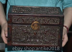 12 Rare Old Chinese Ebony Wood Carved Dynasty Palace Dragon Pattern Box Case
