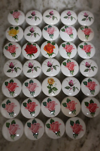 Vintage Porcelain Rose Floral Cabinet Drawer Knobs Pulls Lot Of 7