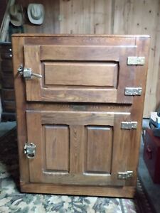 Antique Klondike Oak Icebox Zinc Lined Two Doors Original Hardware 