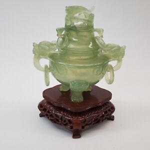 Vintage Chinese Jade Incense Burner Lidded Dragon Fluorite Footed Ringed