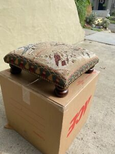 Square Antique Style Footstool With Worn Fabric