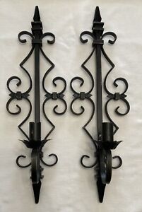Vintage Wrought Iron Metal Wall Sconce Candle Holders Pair Black 21 