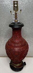 Antique Chinese Cinnabar Lamp 16 Inches Early 20th Century Floral