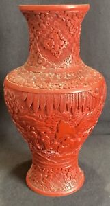 Vintage Antique 10 Chinese Cinnabar Lacquer Hand Carved Vase Landscape People