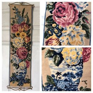 Vintage Needle Point Tapestry Floral Flower Handmade 28x8 W Metal Wall Hanger