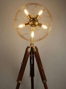 Antique Style Brass Nautical Fan Light Floor Lamp With Wooden Tripod X Mas Item