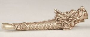 Chinese Tibetan Silver Hand Carved Dragon Smoking Pipe
