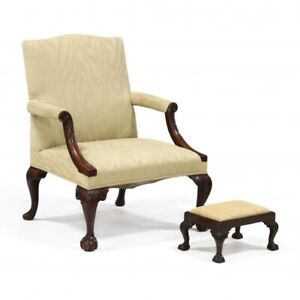 Chippendale Style Carved Mahogany Lolling Chair And Footstool