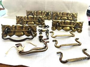 6 Antique Brass Drawer Pulls Hardware Handles Escutcheons