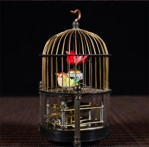 Antiques Birdcage Shape Two Bird Brass Clock Watch Mechanical Pendulum Ornaments