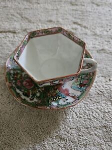 Chinese Antique Rose Medallion Tea Cup Saucer Octagon Cup Luster Accents 