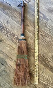 Early 1900s Primitive Hearth Broom Fireplace Broom Turned Handle Leather Strap