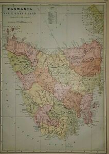 Old Vintage 1904 Atlas Map Tasmania Or Van Diemen S Island Free S H