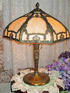 Antique Slag Glass Electric Panel Lamp 8 Panels Smooth Amber Glass