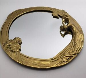 Vintage Art Nouveau Style Round Brass Wall Mirror Woman And Floral Detail