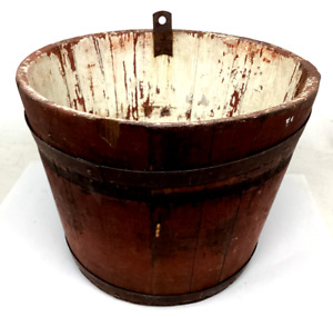 Antique J S Emery Wooden Staved Maple Sap Bucket Old Red Paint Tap Pail