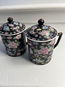 2 60 S Chinese Hand Painted Famille Noir Lidded Coffee Tea Mug Cup Jingdezhen