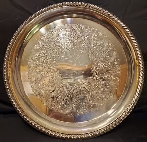 Wm Rogers Vintage 171 Round Silverplate Rope Edge Tray W Etched Floral Scrolls
