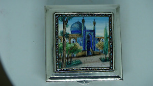 Vintage Persian 900 Silver Enameled Mosque Square Footed Hinged Top Box Signed