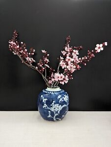 Antique Chinese Prunus Tree Blossom Vase Ginger Jar Kangxi Mark Blue And White