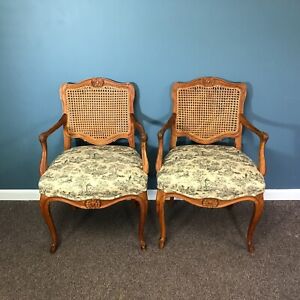 Pair Of Vintage Carved French Caned Back Armchairs