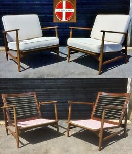 Pair Selig Lounge Chairs Ib Kofod Larsen Teak Mid Century Danish Modern Mcm Vtg