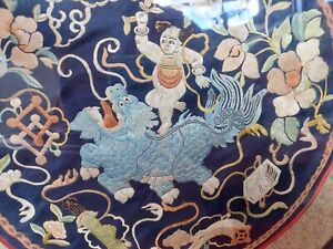 Antique Chinese Silk Embroidery Boy Dragon Framed