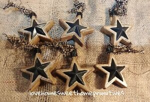 Primitive Christmas Star Ornaments Crackle Painted Tan Black Set Of 6