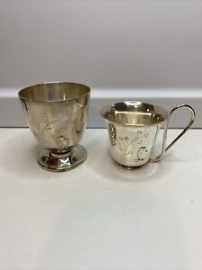 Antique French Art Deco Egg Cup And Small Cup Silver Plated Chick Scene Marked