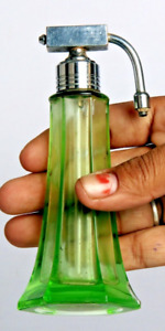 Vintage Unique Green Silver Line Design Victorian Glass Perfume Bottle 10889