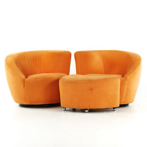 Vladimir Kagan For Directional Mid Century Lounge Chairs With Ottoman Pair