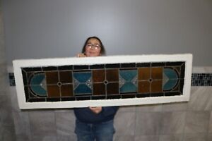 Antique Ornate C 1900 Stained Leaded Jewels Glass Transom Window 56 X16 