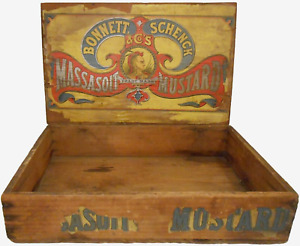 Rare Bonnett Schenck Co S Massasoit Mustard Antique Hngd Lid Wd Box Ad Crate