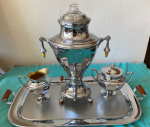 1930 S Manning Bowman Coffee Perculator Set Sugar Creamer Tray W Agate Handles