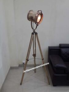 Vintage Natural Tripod Floor Table Lamp Modern Adjustable Height Wooden Stand