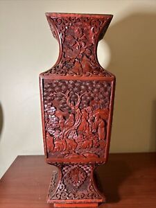 Chinese Red Lacquer Cinnabar Square Vase Qianlong 1736 1796 H 14 5 