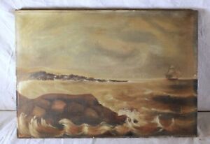 Antique Victorian Coastal Clipper Ship Marine Folk Art Oil Painting Original