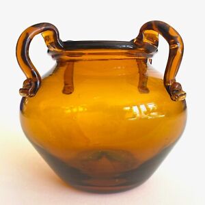 Vtg Mid Century Modernist Topaz Sienna Hand Blown Art Glass Jardiniere Bowl Vase