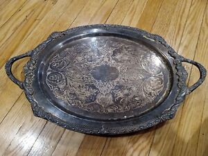 Vintage Silver Plated Oval Footed Tray With Handles 21 X 13 Charming Patina