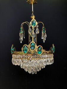 Antique Vintage French Blue Crystals Chandelier Lighting Ceiling Lamp 1960 S