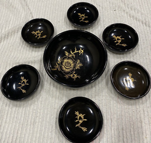 Vintage Nts Black Lacquer Hand Painted Wood Japanese 7 Bowl Set Rare 