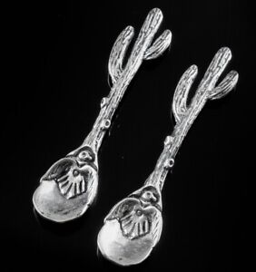 Amazing Pair Of American Sterling Silver Cactus Eagle Figural Salt Spoons